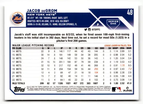 2023 Topps Jacob deGrom baseball card with pitching stats and original gloss