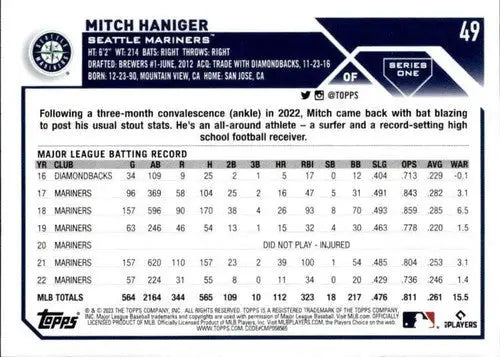 2023 Topps #49 Mitch Haniger NM-MT Mariners ID:76187 - Baseball Card Single