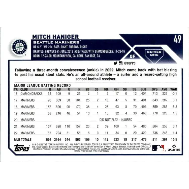 2023 Topps #49 Mitch Haniger NM-MT Seattle Mariners Baseball Card - Baseball Card Single