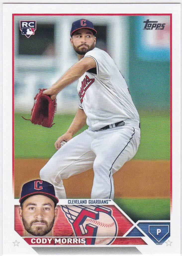 Baseball card of Cody Morris RC in mid-throw for the Cleveland Guardians