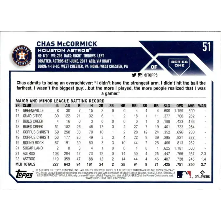 2023 Topps #51 Chas McCormick NM-MT Houston Astros Baseball Card - Baseball Card Single