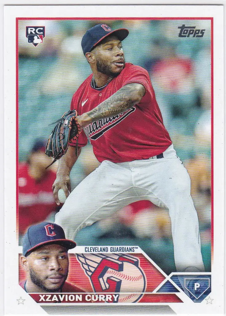 Baseball card of Xzavion Curry RC showcasing a Cleveland Guardians pitcher in action