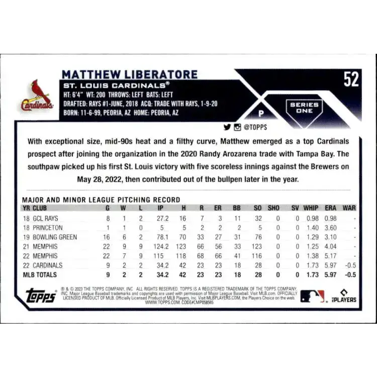 2023 Topps #52 Matthew Liberatore NM-MT RC Rookie St. Louis Cardinals Baseball Card - Baseball Card Single
