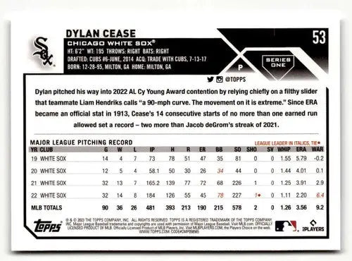 2023 Topps #53 Dylan Cease NM ID:50682 - Baseball Card Single