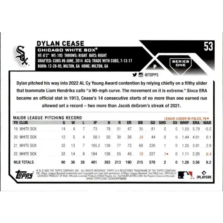 2023 Topps #53 Dylan Cease NM-MT Chicago White Sox Baseball Card - Baseball Card Single