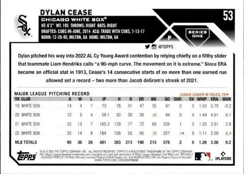 2023 Topps #53 Dylan Cease NM-MT White Sox ID:50215 - Baseball Card Single