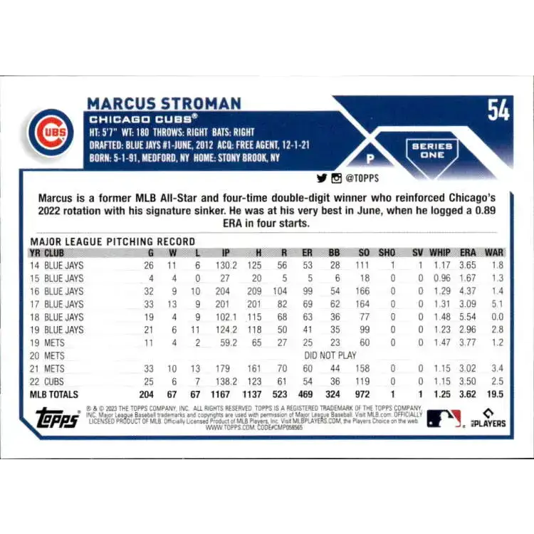 2023 Topps #54 Marcus Stroman NM-MT Chicago Cubs Baseball Card - Baseball Card Single