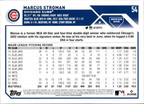 2023 Topps #54 Marcus Stroman NM-MT Cubs ID:56799 - Baseball Card Single