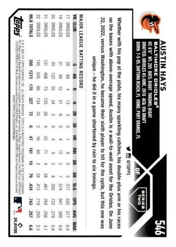 Baseball card back with original gloss for Austin Hays NM-MT 2023 Topps #546 Orioles