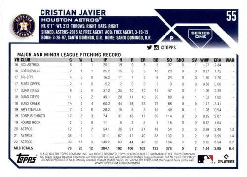 2023 Topps #55 Cristian Javier NM-MT Astros ID:49601 - Baseball Card Single