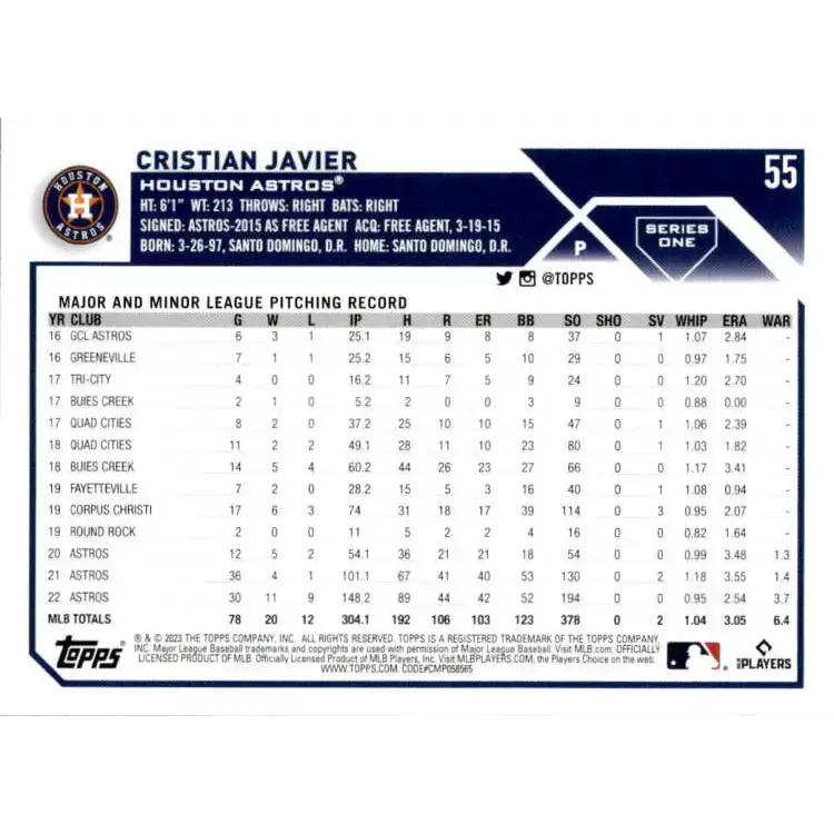 2023 Topps #55 Cristian Javier NM-MT Houston Astros Baseball Card - Baseball Card Single