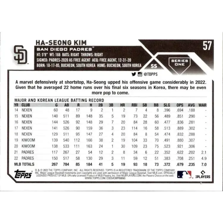 2023 Topps #57 Ha-Seong Kim NM-MT San Diego Padres Baseball Card - Baseball Card Single