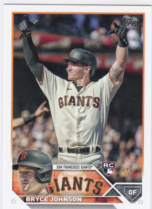 Bryce Johnson RC San Francisco Giants baseball card with arms raised in celebration