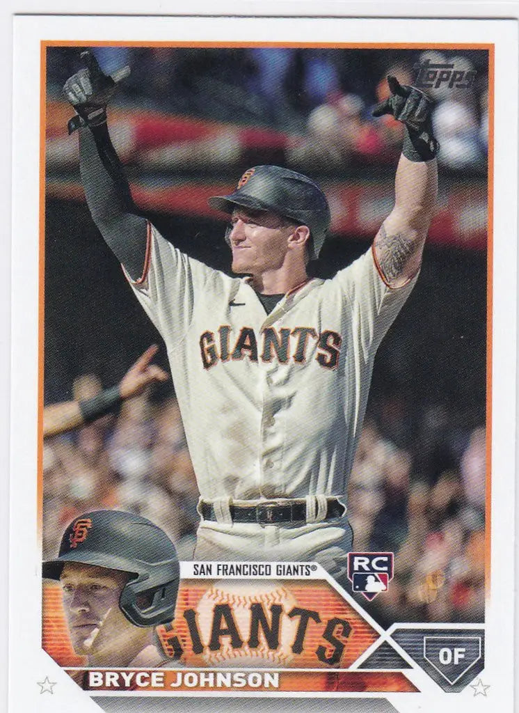 Bryce Johnson RC San Francisco Giants baseball card with arms raised in celebration