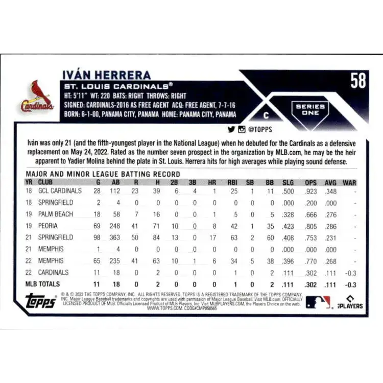 2023 Topps #58 Ivan Herrera NM-MT RC Rookie St. Louis Cardinals Baseball Card - Baseball Card Single