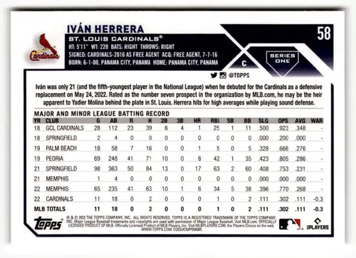 Iván Herrera 2023 Topps rookie baseball card with original gloss, near mint RC