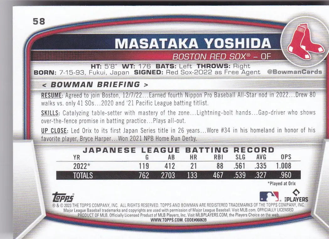 2023 TOPPS #58 MASATAKA YOSHIDA- BOSTON RED SOX - Baseball Card Single