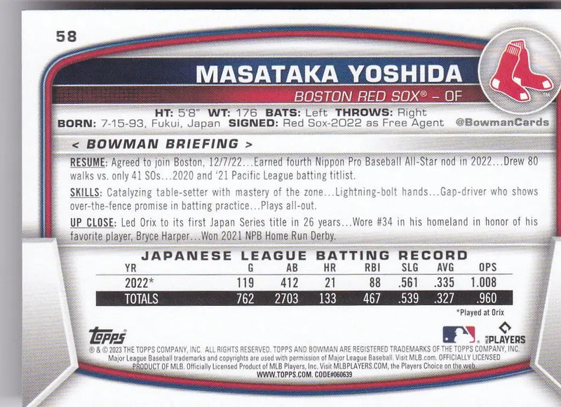 2023 TOPPS #58 MASATAKA YOSHIDA- BOSTON RED SOX - Baseball Card Single