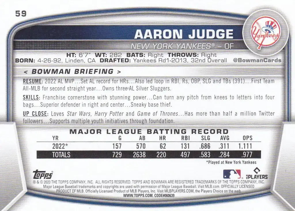2023 TOPPS #59 AARON JUDGE- NEW YORK YANKEES - Baseball Card Single