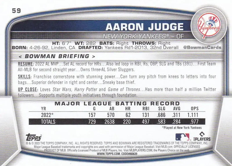 2023 TOPPS #59 AARON JUDGE- NEW YORK YANKEES - Baseball Card Single