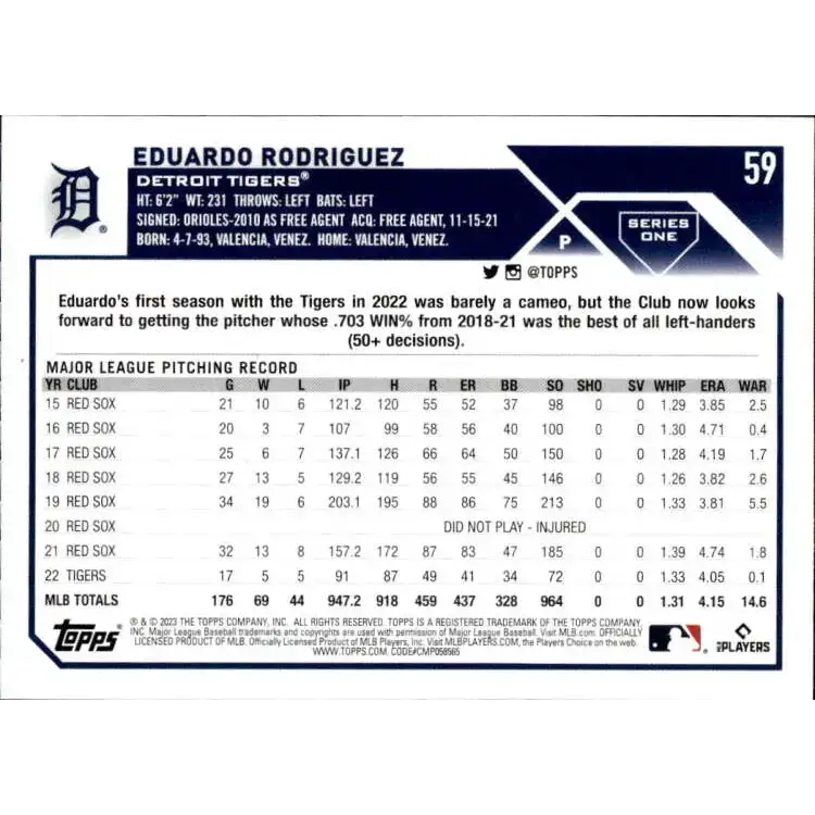2023 Topps #59 Eduardo Rodriguez NM-MT Detroit Tigers Baseball Card - Baseball Card Single
