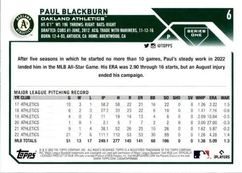 2023 Topps #6 Paul Blackburn NM-MT Athletics ID:56848 - Baseball Card Single