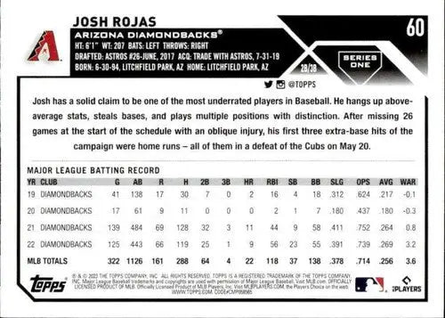 2023 Topps #60 Josh Rojas NM-MT Diamondbacks ID:52641 - Baseball Card Single