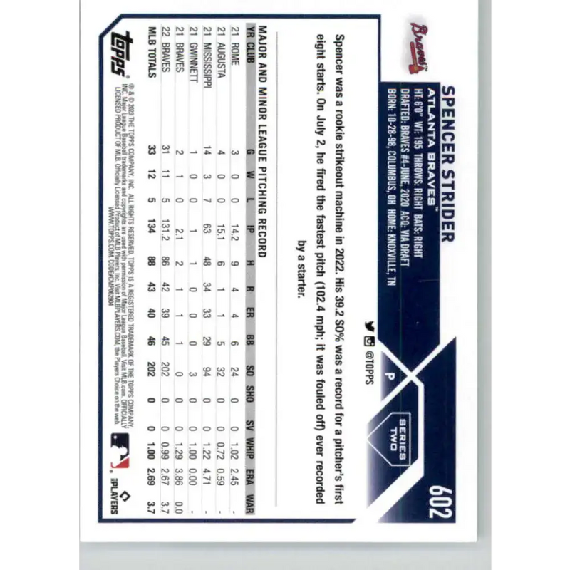 2023 Topps #602 Spencer Strider NM-MT Atlanta Braves Baseball Card - Baseball Card Single
