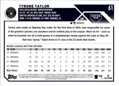 2023 Topps #61 Tyrone Taylor NM-MT Brewers ID:58922 - Baseball Card Single