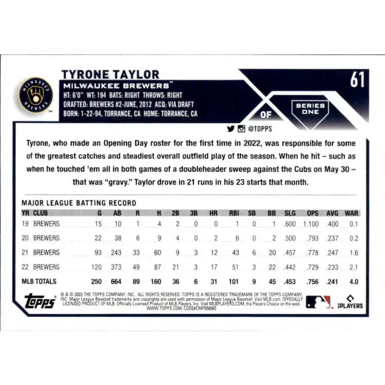 2023 Topps #61 Tyrone Taylor NM-MT Milwaukee Brewers Baseball Card - Baseball Card Single