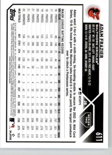 Adam Frazier baseball card with original gloss from 2023 Topps NM-MT Orioles