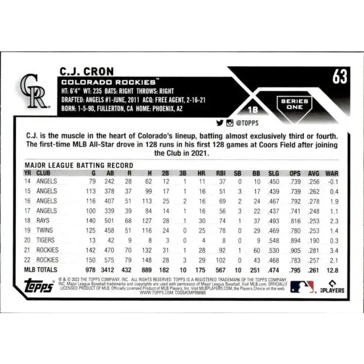 2023 Topps #63 C.J. Cron NM-MT Colorado Rockies Baseball Card - Baseball Card Single