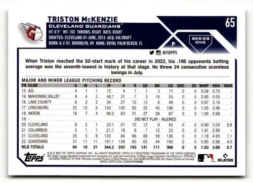 Baseball card back featuring Triston McKenzie with original gloss from 2023 Topps