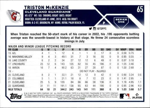2023 Topps #65 Triston McKenzie NM-MT Guardians ID:50040 - Baseball Card Single