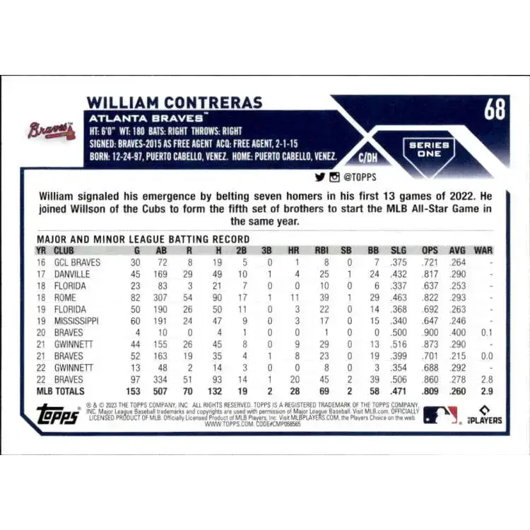 2023 Topps #68 William Contreras NM-MT Atlanta Braves Baseball Card - Baseball Card Single