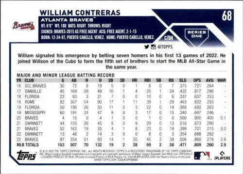 2023 Topps #68 William Contreras NM-MT Braves ID:58002 - Baseball Card Single