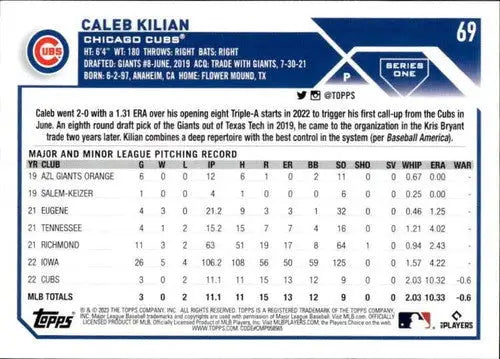 2023 Topps #69 Caleb Kilian NM-MT RC Rookie Cubs ID:49578 - Baseball Card Single