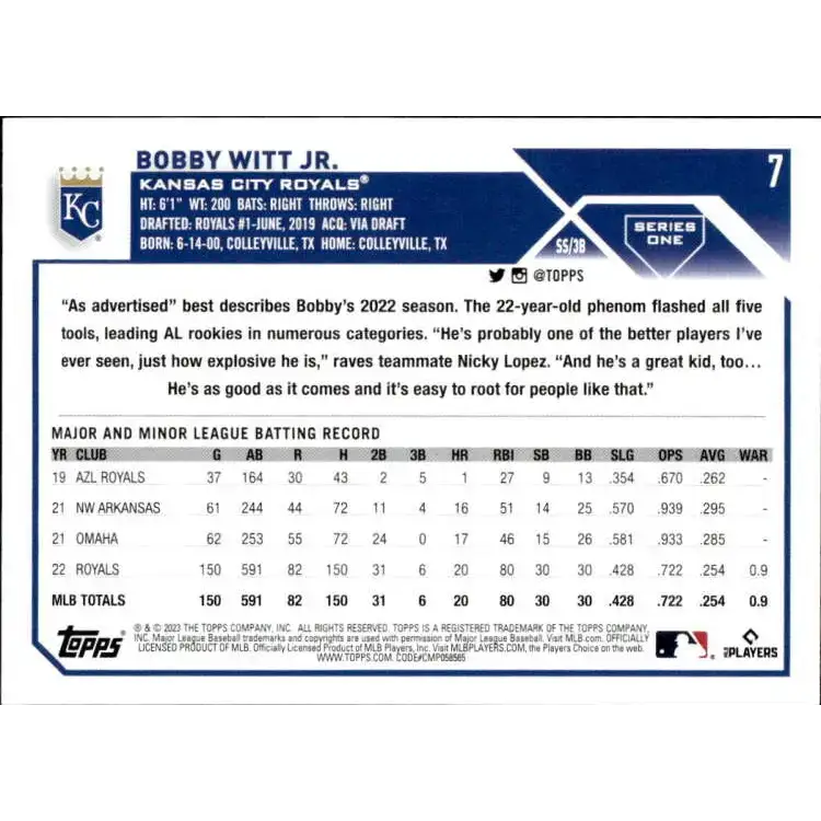 2023 Topps #7 Bobby Witt Jr. NM-MT Kansas City Royals Baseball Card - Baseball Card Single