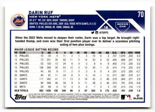 2023 Topps #70 Darin Ruf NM ID:50646 - Baseball Card Single