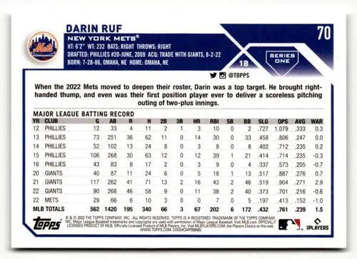 Darin Ruf baseball card from 2023 Topps #70 with original gloss, collectible card