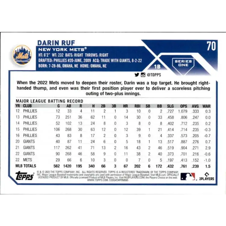 2023 Topps #70 Darin Ruf NM-MT New York Mets Baseball Card - Baseball Card Single