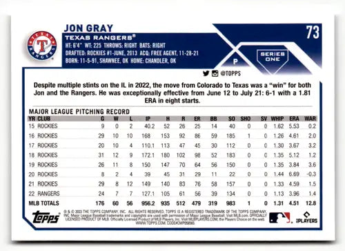 2023 Topps #73 Jon Gray NM-MT Rangers ID:49559 - Baseball Card Single