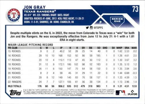 2023 Topps #73 Jon Gray NM-MT Rangers ID:56779 - Baseball Card Single