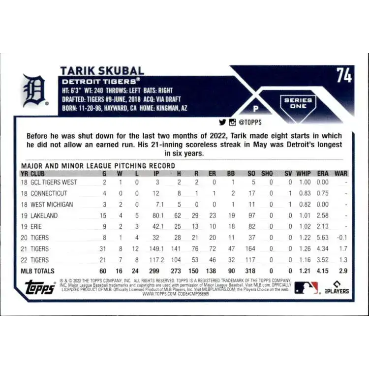 2023 Topps #74 Tarik Skubal NM-MT Detroit Tigers Baseball Card - Baseball Card Single