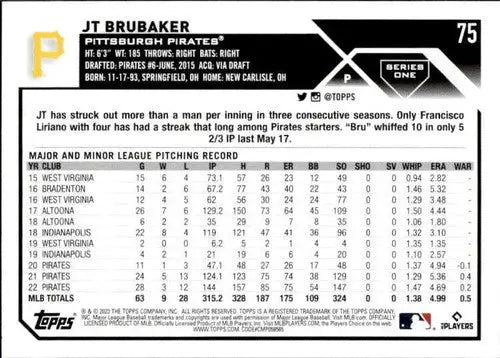 2023 Topps #75 JT Brubaker NM-MT Pirates ID:49757 - Baseball Card Single