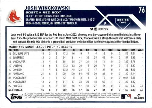 2023 Topps #76 Josh Winckowski NM-MT RC Rookie Red Sox ID:58987 - Baseball Card Single