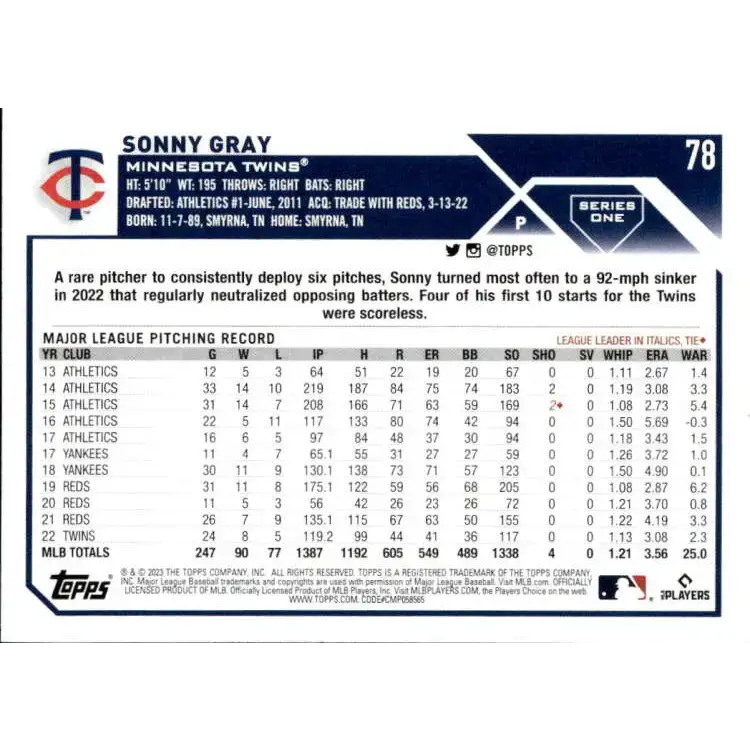 2023 Topps #78 Sonny Gray NM-MT Minnesota Twins Baseball Card - Baseball Card Single