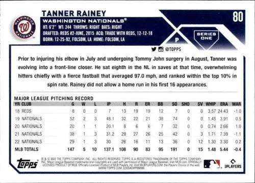 2023 Topps #80 Tanner Rainey NM-MT Nationals ID:49777 - Baseball Card Single