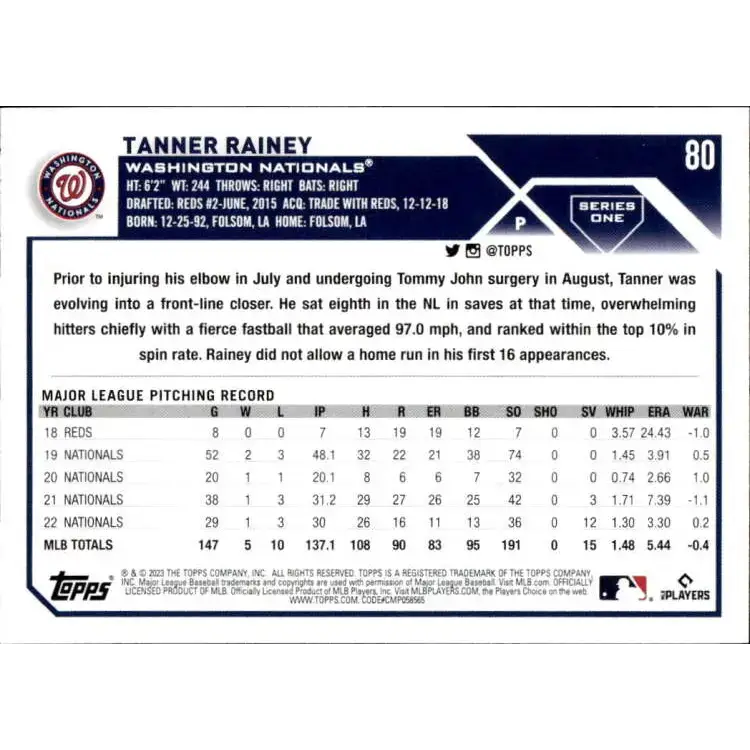 2023 Topps #80 Tanner Rainey NM-MT Washington Nationals Baseball Card - Baseball Card Single