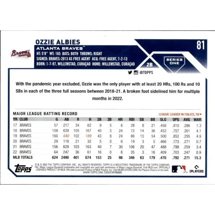 2023 Topps #81 Ozzie Albies NM-MT Atlanta Braves Baseball Card - Baseball Card Single